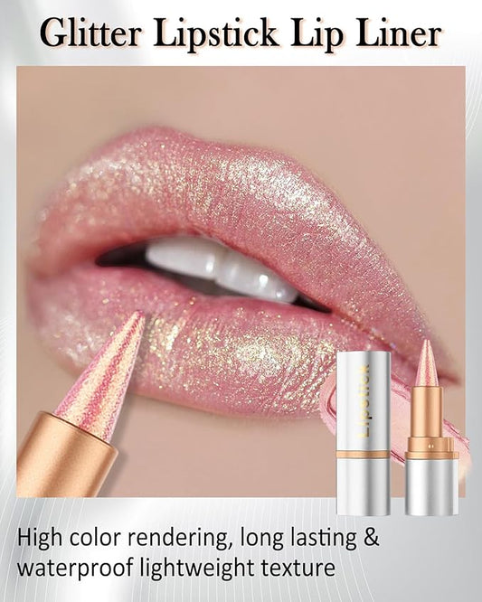 Pink Glitter Lipstick Lip Liner,Shimmer Metallic Matte Long-Lasting Waterproof Non-stick Lip Tint Stain,High Pigmented Lip Gloss Full Coverage lipcolor Pen,Christmas Makeup Gift for Women Girl-01