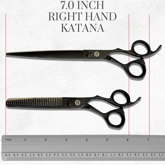 7" Black Saki Shears Katana Set of Professional Hair Scissors for Professional Use - Includes Cutting Scissors, Thinning Shears, Razor and Leather Case (7" Set of Hair Shears)