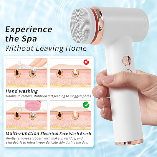 4 in 1 Facial Cleansing Brush, Multi Function Electrical Face Wash, Brush IPX6 Waterproof Portable Face Scrubber, 5 Speed Adjustable, 2 Rotation Directions Adjustable, Gift for Women Men (White)