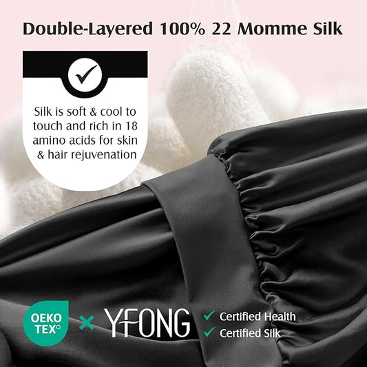 YFONG 100% 22 Momme Mulberry Silk Bonnet for Sleeping Women, Larger Double Layer Silk Hair Wrap for Curly Short Long Hair, Non-Slip Sleep Cap Turban with Elastic Tie Band for Hair Care, Black