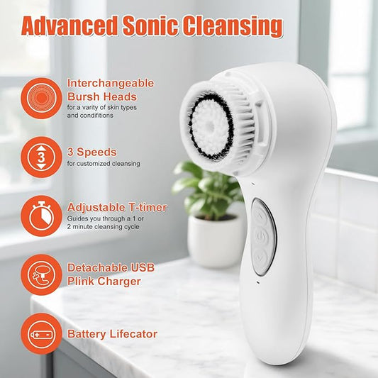 Aria Sonic Facial Cleansing System with 2 Brush Heads, 3-Speed Modes, Waterproof Design - Rechargeable & Portable Electric Face Cleansing Brush for Daily Skincare (White)