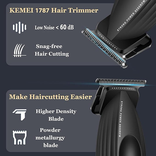KEMEI 1787 Beard Trimmer for Men, Cordless Hair Trimmer with LED Display, 9000 RPM Hair Clippers for Barber with 2000 mAh Battery, DLC Coated T-Blade
