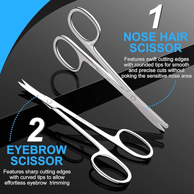 Men's and Women's Facial Hair Small Scissors, Eyebrow, Nose, Beard, Whisker, Eyelash, Ear Hair Trimming Set, Curved and Rounded Safety Tip Scissors for Haircutting 2pcs