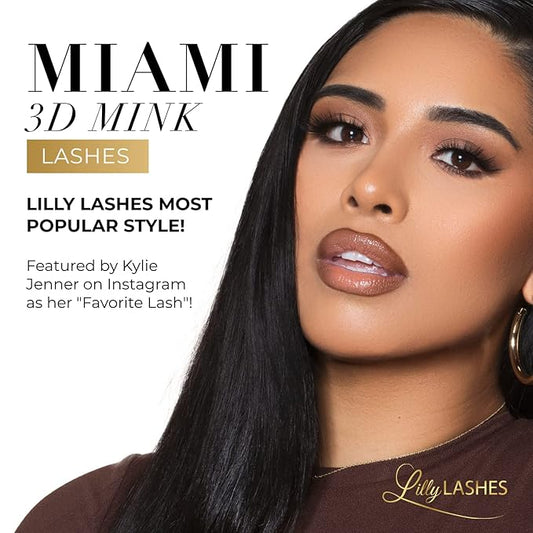 Lilly Lashes Miami 3D Mink Lashes, False Eyelashes Natural Look, Mink Eyelashes for Wispy & Natural Look, Reusable Up to 25 Wears, Fluffy Lashes