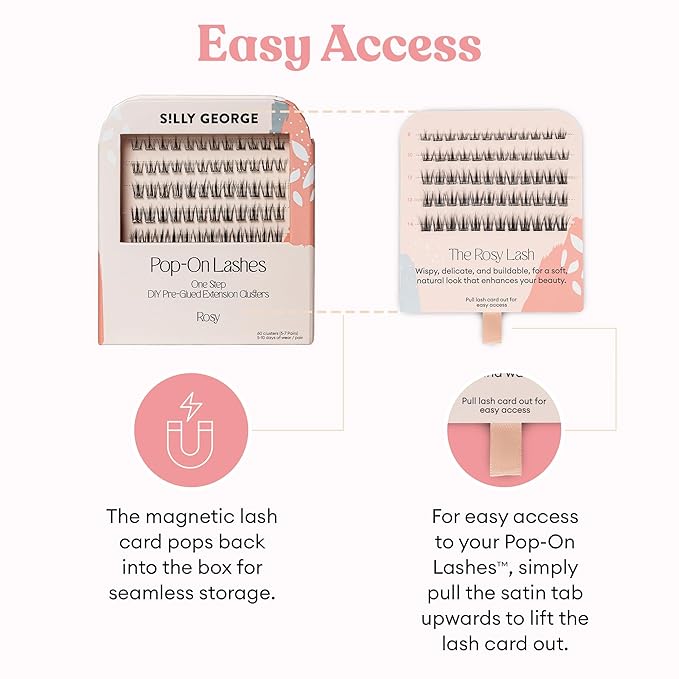 Silly George Pop-On Lashes - DIY 1-Step Pre-Glued Faux Eyelash Clusters, Natural Look Extensions, Black - Rosy, 5-7 Pair Set, Pack of 60 Clusters