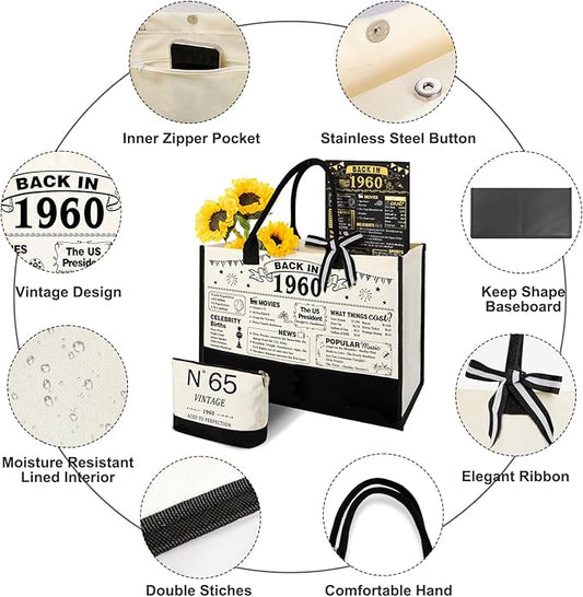 65th Birthday Gifts for Women Canvas Tote Bag Travel Gear, Unique 65 Years Old Gifts for Wife Sister Mom Aunt Friends Her, Vintage N°65 Handbag & Cosmetic Bag & Back in 1960 Poster