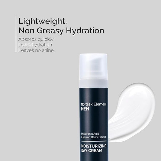 Nordisk Element Men’s Moisturizing Day Cream with Hyaluronic Acid & Rowan Berry Extract Deep Hydration Lightweight Vegan Non Greasy Face Moisturizer Paraben Free Sulfate Free Clean Ingredients 1.7oz