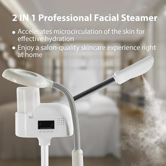 Professional Facial Steamer 2 in1 Steamer for Face 5X LED Magnifying Lamp Facial Steamer for Esthetician Beauty Face Equipment Use at Home or Salon(White)