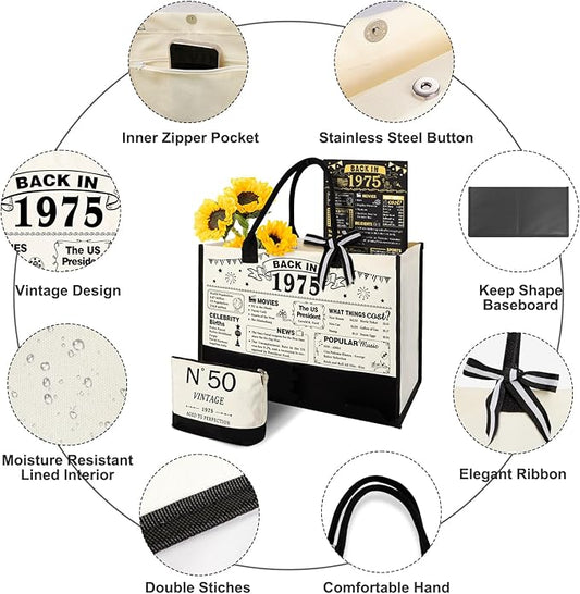 50th Birthday Gifts for Women Canvas Tote Bag, Unique 50 Years Old Gifts for Wife Sister Mom Aunt Friends Her, Vintage N°50 Handbag & Cosmetic Bag & Back in 1975 Poster