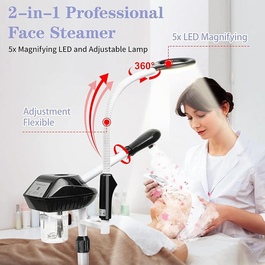 Facial Steamer Professional, 2 in 1 Facial Steamer with 5X Magnifying Lamp, Ozone Face Steamer, Suitable for Home or Beauty Spa Use