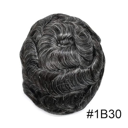 Mens Toupee Human Hair Piece French Lace Toupee for Man Hair System Indian Human Hair Replacement Systems V-Looped PU Front Hairpieces 7"X9" #1B30 1B# OFF BLACK WITH 30% SYNTHETIC GREY