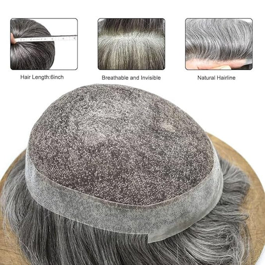 FACE MIRACLE Toupee for Men French Lace Mens Toupee Human Hair Replacement System Thin Skin Around Man Hairpieces V-Looped PU Front Hair Prosthesis 6"X9" #1B60 Off Black with 60% Gray