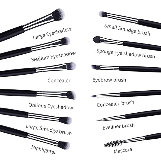 MSQ Eye Makeup Brushes 12pcs Eyeshadow Makeup Brushes Set with Soft Synthetic Hairs & Real Longer Wood Handle for Eyeshadow, Eyelash,Eyebrow, Eyeliner, Blending, Conclear(Black)