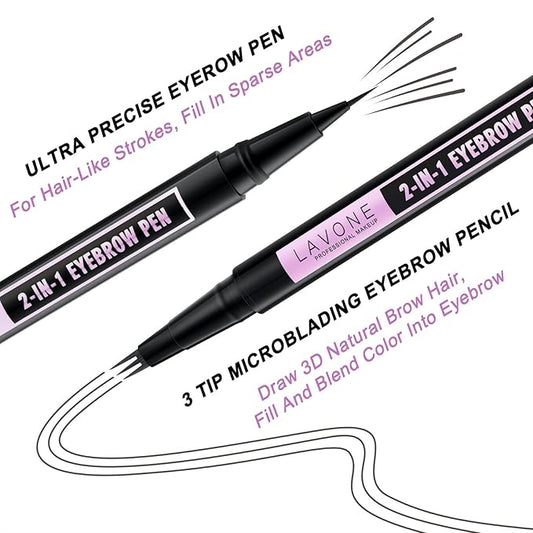 LAVONE Eyebrow Pencil, 2-In-1 Waterproof Eyebrow Pen, with 3 Tip Microblading Eyebrow Pen and Ultra-Precise Brow Pencil, Dual-ended Eyebrow Brush, for Eyebrow Makeup - Dark Grey