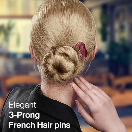 Large French Hair Pins for Women, 3-Prong French Pins for Thick Hair, U Shaped Hair Forks, French Twist Hair Pin Clips, Updo Hair Sticks for Buns, 2 Pcs (Tortoise, Brown)
