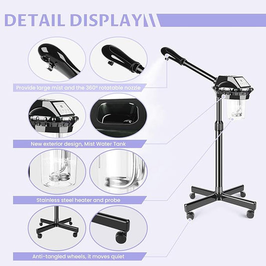 Facial Steamer, Poressional Facial Steamer on Wheels with Timer Function, Ozone Face Steamer for Spa, Salon and at Home Use