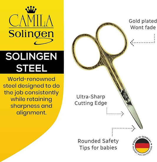 CS01 Safety Tip Baby Nail Scissors for Manicure and Pedicure, Hypoallergenic Gold Grooming Scissors for Toddler Nail Care, Made of Stainless Steel in Solingen, Germany
