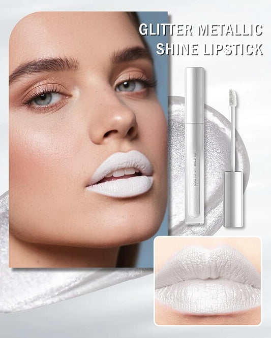 Glitter Sheer Silver Lip Gloss, Matte Metallic Shimmer Non-Stick Lip Gloss,Long-Lasting Waterproof Smudge Proof Liquid Lipstick Lipgloss,Sparkle Diamond Lip Tint Stain, Makeup Gift for Women Girl-01