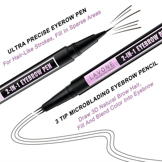 LAVONE Eyebrow Pencil, 2-In-1 Waterproof Eyebrow Pen, with 3 Tip Microblading Eyebrow Pen and Ultra-Precise Brow Pencil, Dual-ended Eyebrow Brush, for Eyebrow Makeup - Black Brown