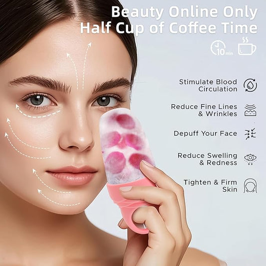 3 Pcs Facial Ice Roller Silicone Mold Reusable for Face Women and Eye Neck Cold Skin Care Tools Freezer De Puff Eyes Bags Reduce Migraine Pain Pink