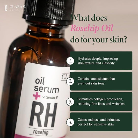 CLARA'S NEW YORK Rosehip Facial Serum with Vitamin E – Hydrating, Lightweight, Smoothing Skin – Made in USA, 30ml (1 Fl Oz)