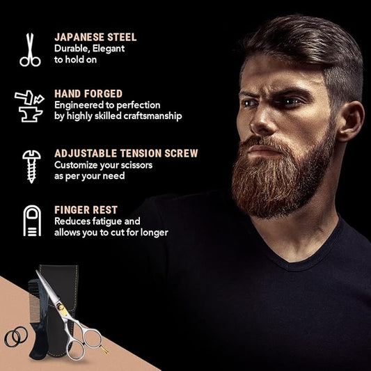 Ontaki Japanese Steel Beard & Hair Shears - Silver, 5.5 in - Precision Sharp Blades for Professional Hair Scissors - Rounded Tips for Mustache Scissors for Men - Finger Rest for Shears for Beard