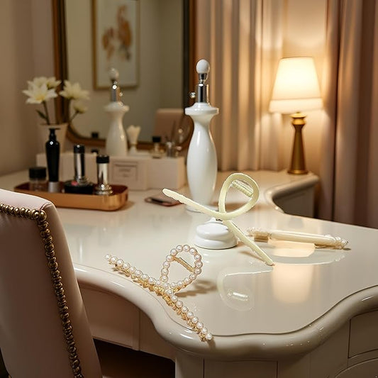 2 Pack Matte Gold and Pearl Hair Claws for Women: Large Metal Clips with Pearls for Thick Hair - Non-Slip Crab Claws and Strong Cross Barrettes