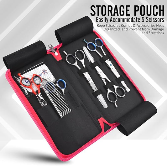 Leather 5 Scissor & Shear Storage Case for Hairstylist - Hairdresser -Scissor Holder Perfect for home-saloon use (Pink)