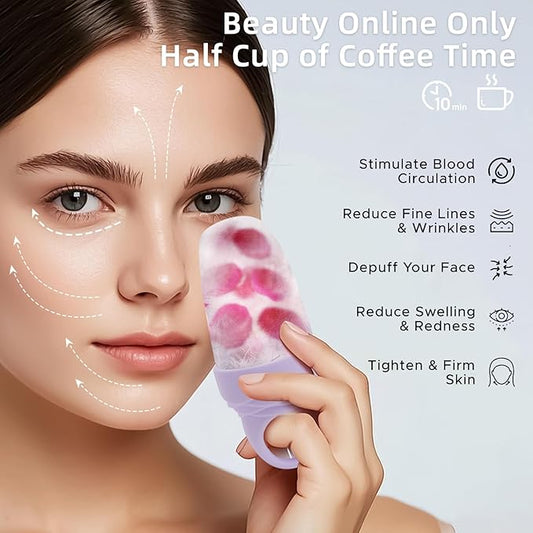 3 Pcs Facial Ice Roller Silicone Mold Reusable for Face Women and Eye Neck Cold Skin Care Tools Freezer De Puff Eye Bags Reduce Migraine Pain Pink 1 + Purple 2