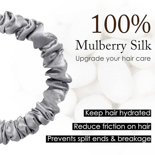 OLESILK Silk Hair Ties for Women: 100% Mulberry Skinny Silk Scrunchies, Soft Smooth No Damage No Crease for Thin Fine Curly Hair 5 Pack, Dark