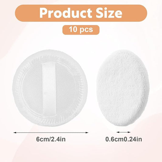 10Pcs 100% Cotton Round Dusting Powder Puff, White Round Velour Makeup Powder Puff, 2.4 Inch Soft Velour Foundation Puffs, Body Face Powders Puffs with Ribbon for Loose and Foundation
