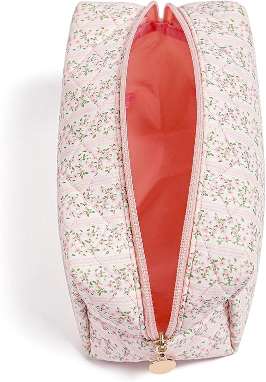 JOVAKIT Square Makeup Bag Cute Cosmetic Bag for Women, Floral Coquette Aesthetic Toiletry Bag, Zipper Make Up Pouch, Travel Make Up Organizer Bag (Pink Floral)