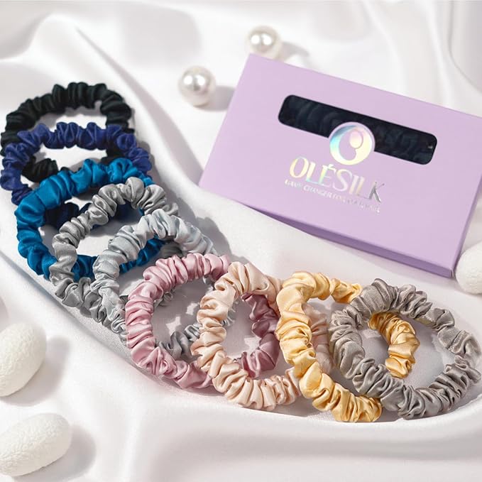 OLESILK Silk Hair Ties for Women: 100% Mulberry Skinny Silk Scrunchies, Soft Smooth No Damage No Crease for Thin Fine Curly Hair 3 Pack, Multi-2