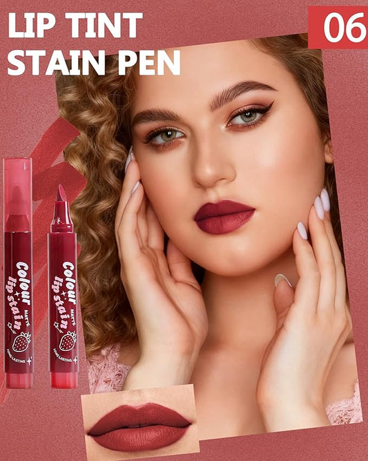 Lip Tint Stain Pen, Dark Red Brown Waterproof Long Lasting Matte Lip Liner Stain Pencil, High Pigment Quick Dry Liquid Lipstick, Non Sticky Smudgeproof Lip Tint Gloss,Festival Makeup Gift for Women-06