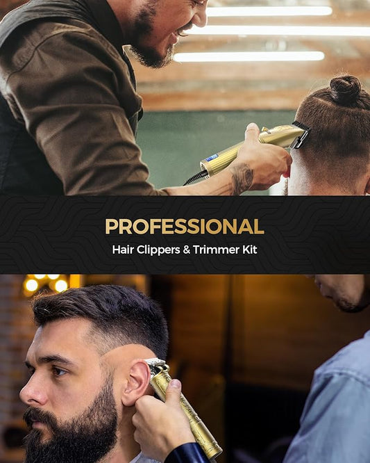GLAKER Hair Clippers for Men,Professional Mens Hair Clippers Cordless Clippers for Hair Cutting,Precision Trimmer Kit Zero Gap Trimmer with LED Display 15 Guide Combs (Gold)