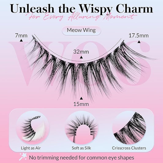 Bepholan False Eyelashes 7 Pairs Strip Eye Lash Natural Look Wispy Lashes Reusable Thin Clear Band & Soft Fake Lashes(W06)