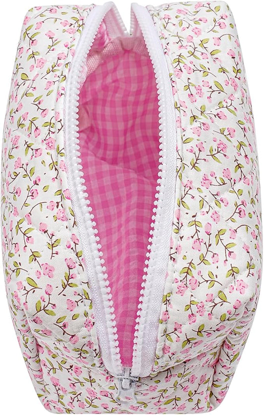 JOVAKIT Square Makeup Bag Cute Cosmetic Bag for Women, Floral Coquette Aesthetic Toiletry Bag, Zipper Make Up Pouch, Travel Make Up Organizer Bag (Pink Small Floral)