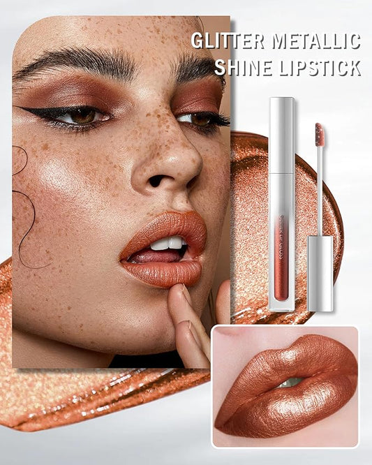 Diamond Red Brown Lip Gloss, Matte Metallic Shimmer Non-Stick Lipgloss, Long-Lasting Waterproof Smudge Proof Liquid Lipstick, Sparkle Lip Tint Stain, Thanksgiving Makeup Gift for Women Girl-05