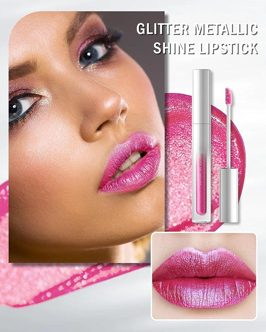 Diamond Rose Pink Lip Gloss,Matte Metallic Shimmer Non-Stick Lipgloss,Long-Lasting Waterproof Smudge Proof Liquid Lipstick,Sparkle Lip Tint Stain,Thanksgiving Lipcolor Makeup Gift for Women Girl-03