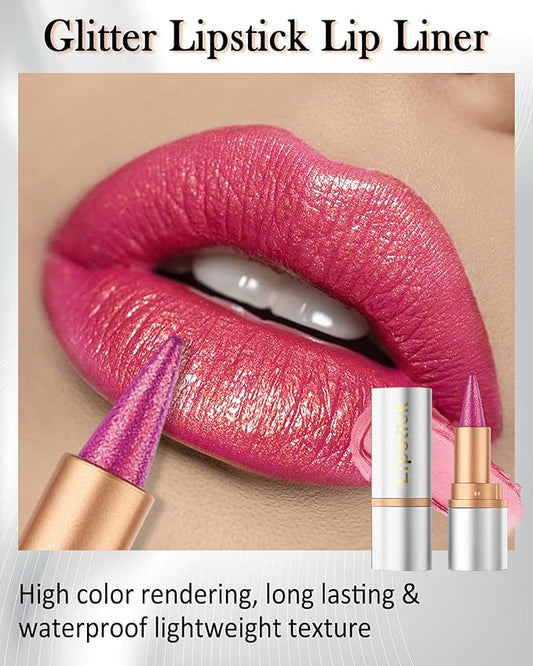 Rose Pink Glitter Lipstick Lip Liner,Shimmer Metallic Matte Long-Lasting Waterproof Non-stick Lip Tint Stain,High Pigmented Lip Gloss Full Coverage lipcolor Pen,Christmas Makeup Gift for Women-03