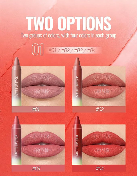 Erinde Matte Lipstick Crayon Set, 4 Colors 24 Hour Long-Lasting Waterproof Velvet Lip Crayons, Warm Red Berry Plum Taupe Brown Nude Brown Neutral Lip Liner Pencil for Women, Vegan & Cruelty-Free