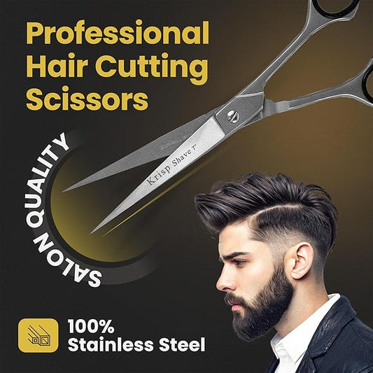 Professional Hair Cutting Scissors - Krisp Shave Japanese Stainless Steel Salon Barber Scissor (7 inch Inch) - Shears for Men's Beard Mustache Women Kids Pets Haircut All Purpose Shear, KSP-784