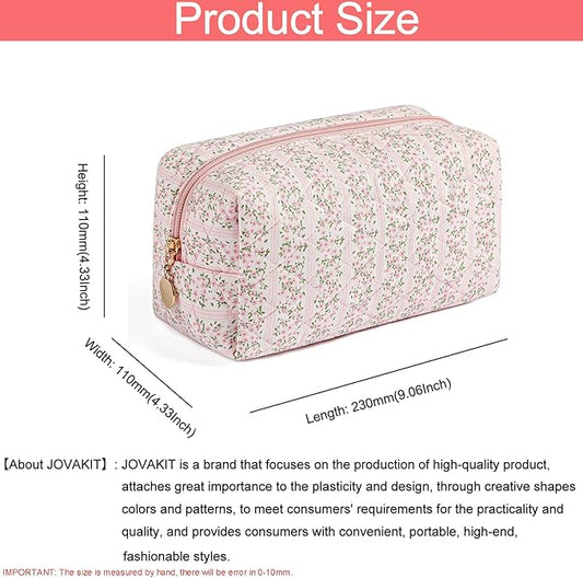 JOVAKIT Square Makeup Bag Cute Cosmetic Bag for Women, Floral Coquette Aesthetic Toiletry Bag, Zipper Make Up Pouch, Travel Make Up Organizer Bag (Pink+Blue Floral)