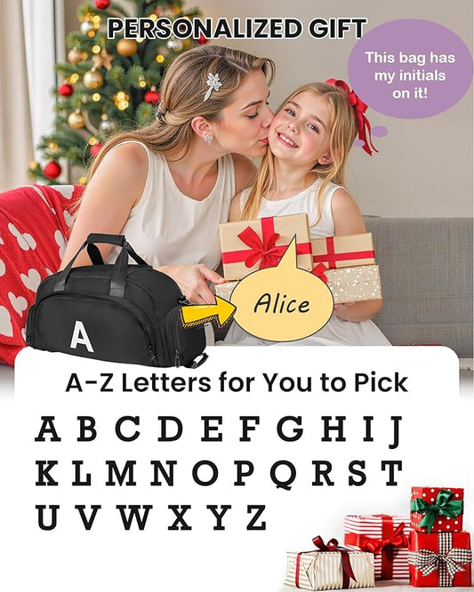 Birthday Gifts for Boys Teens, Initial Gym Bags with Shoe Compartment, Dance Bag for Girls, Monogram Kid Overnight Bags, Carry on Travel Duffel-Perfect for Sport Gymnastics (Letter A)