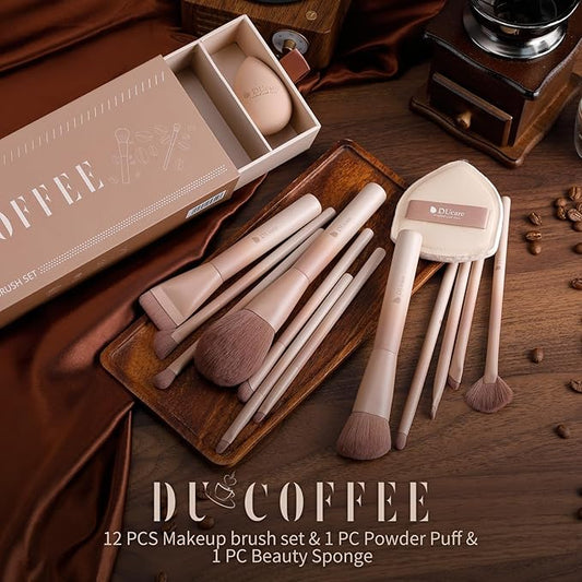DUcare Christmas Makeup Brushes Set 12Pcs Coffee Series Makeup Brush set with Makeup Sponges Foundation Blending Face Powder Blush Eye Shadows Brushes