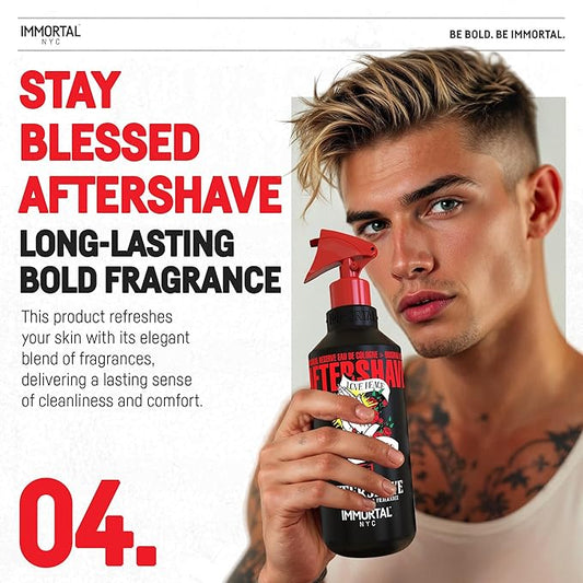 Immortal NYC Stay Blessed 04, After Shave Spray, Body/Face, Men's Cologne, 17 oz, Exclusive Barbers, Softens Skin, Refreshes, Disinfects and Relieves Face and Skin, Moisturizing Formula After Shaving
