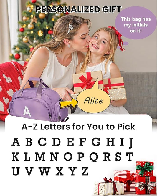 Travel Essentials-Gifts for Teenage Girls, Initial Gym Bags with Shoe Compartment, Girl Duffel Bag, Monogram Kid Overnight Bags, Bachelorette Party Wedding Gift (Letter F)