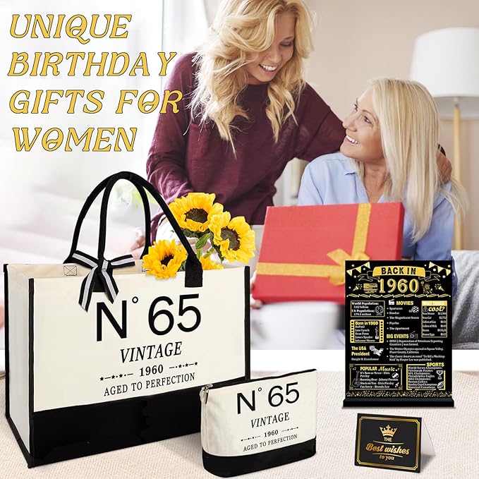 65th Birthday Gifts for Women Canvas Tote Bag Travel Gear, Unique 65 Years Old Gifts for Wife Sister Mom Aunt Friends Her, Vintage N°65 Handbag & Cosmetic Bag & Back in 1960 Poster