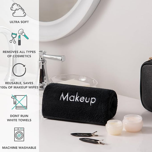 Arkwright Makeup Towels - Bulk Case of 108 - Ultra Soft & Gentle Microfiber Coral Fleece Washcloth Face Make Up Remover, Reusuable Eraser Cloth Essentials for Hosts & Artists, 13 x 13 in, Black