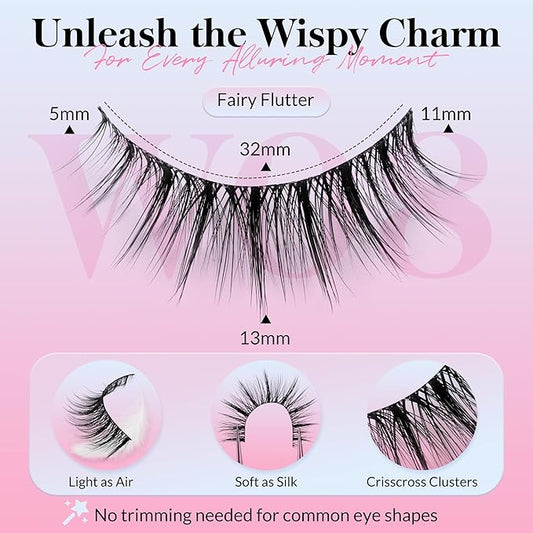 Bepholan False Eyelashes 5-13mm 7 Pairs Eyelashes Natural Look Wispy Lashes Strip Reusable Thin Clear Band & Soft Fake Lashes Easy to Apply (W08)